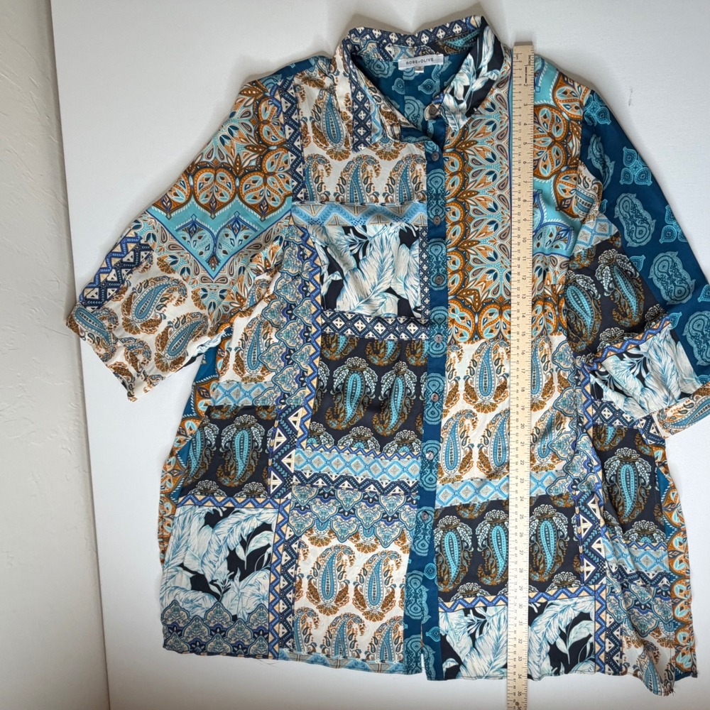 Rose + Olive Patchwork Paisley Button Down Shirt … - image 8